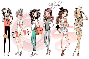 Set With 6 Fashion Sketched Girls-1