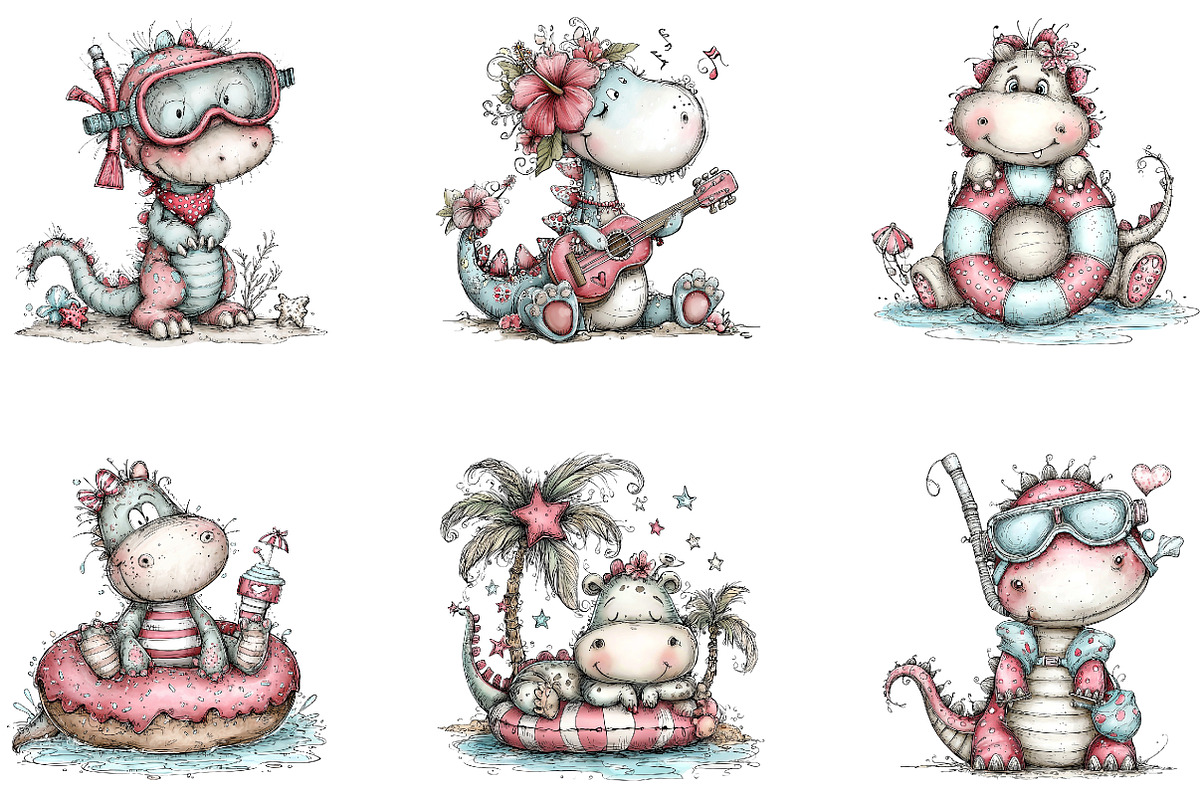 Cute Watercolor Beach Dino, a Seasonal Illustration by CreationArt (Photo 5 of 5)