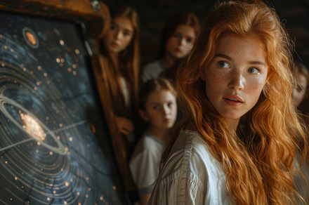 Engaged Red-Haired Young Girl with Classmates in Science Class, a Photo by AS photostudio