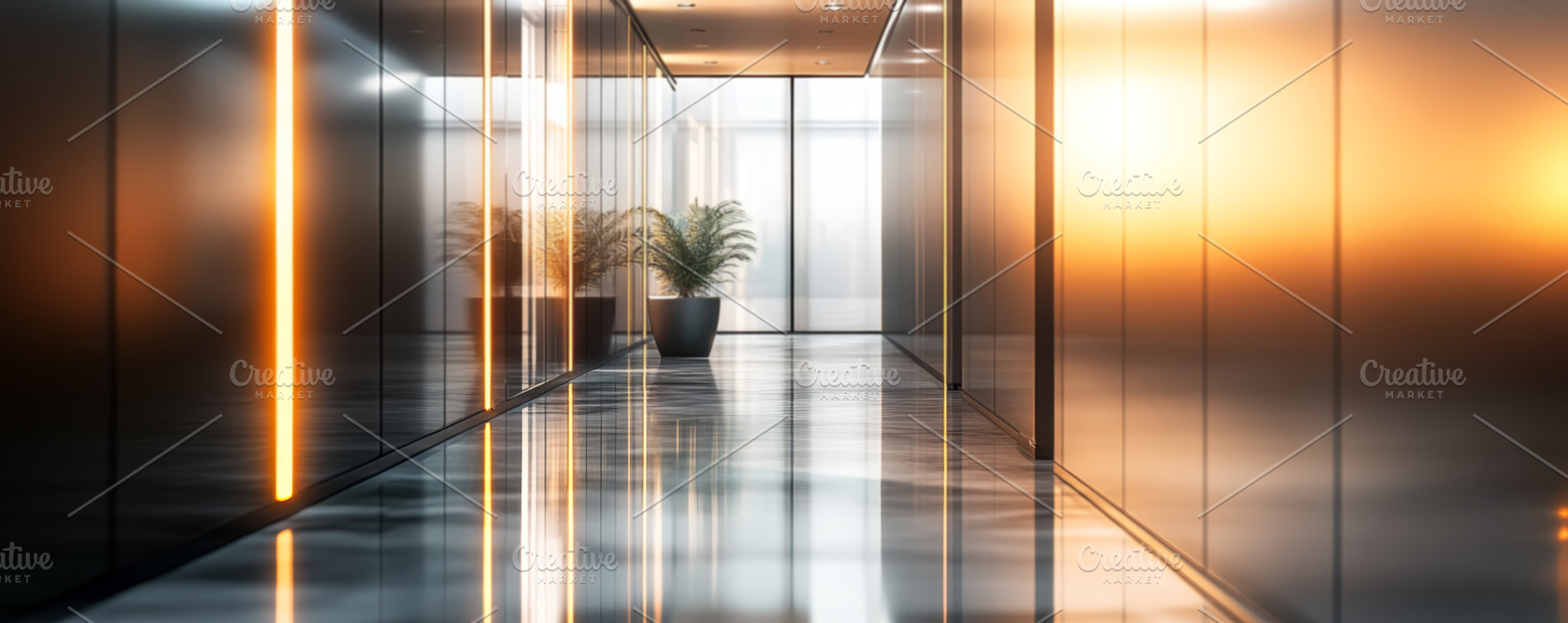Modern Office Corridor with Glass Walls and Soft Lighting, an Abstract Photo by Natalia Klenova's Shop