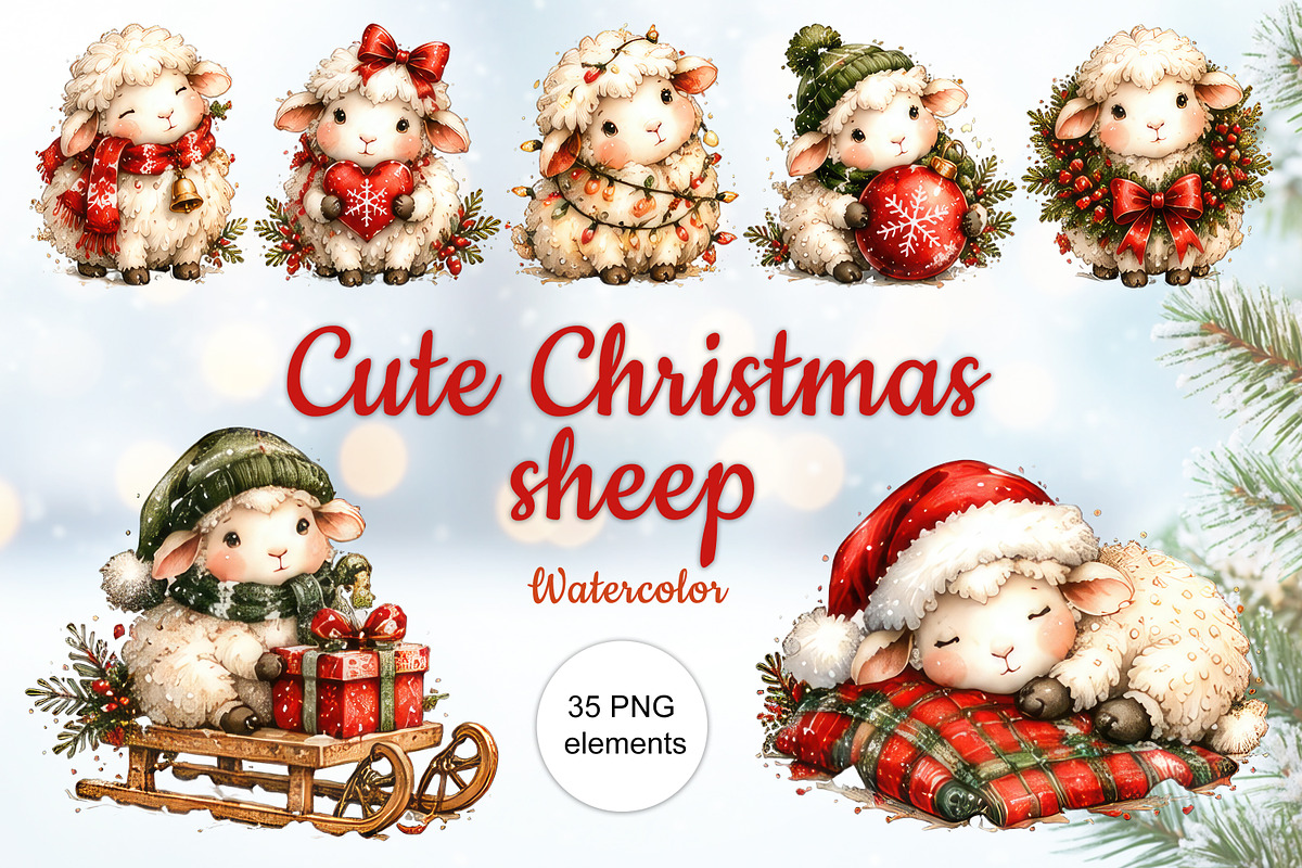 Watercolor Christmas sheep PNG, a Decorative Illustration by dashtik (Photo 1 of 8)