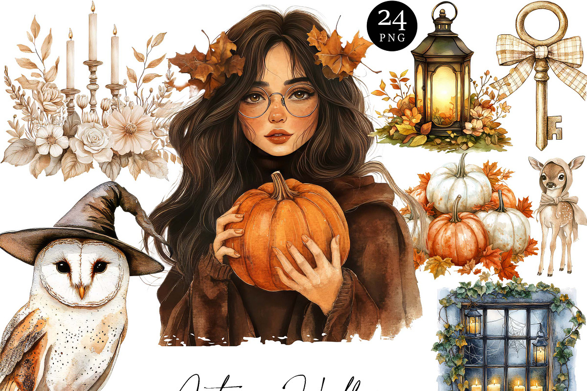 Watercolor Autumn Halloween Clipart, an Object Illustration by Design Scotch (Photo 1 of 7)