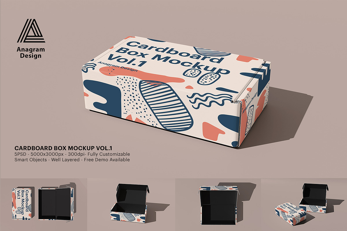 Cardboard Box Mockup, a Packaging Mockup by AnagramDesign (Photo 1 of 6)