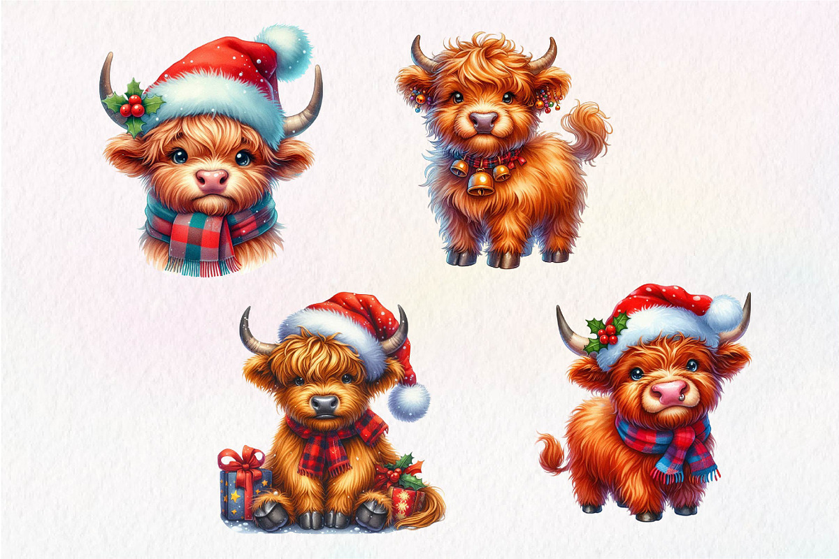 Cute Christmas Highland Cow Clipart, an Illustration by Dream Creation (Photo 7 of 7)