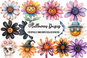 Watercolor Groovy Halloween Daisies, an Illustration by Daily.Designs
