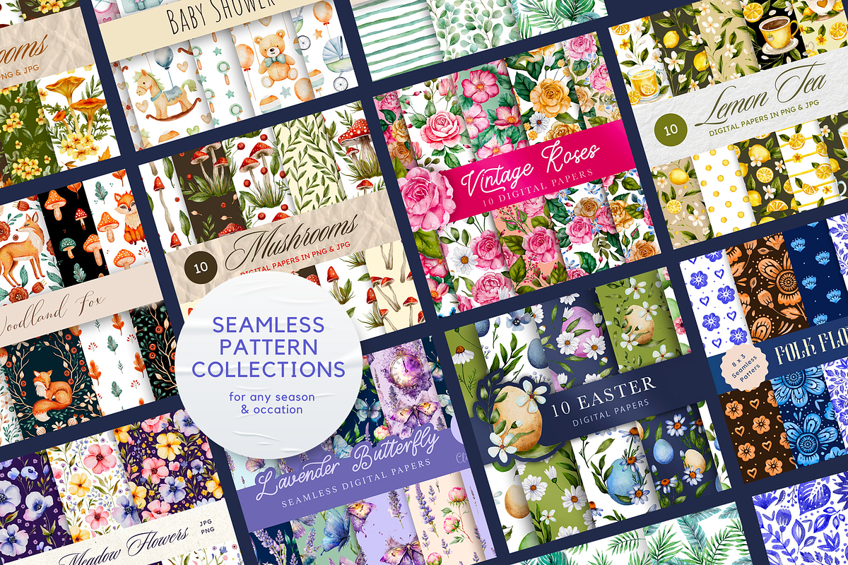 Watercolor Seamless Pattern Bundle, a Seasonal Illustration by Red Ink (Photo 2 of 14)