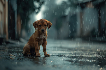 Wet homeless puppy on a street in the rain, an Animal Photo by AlyaAnd