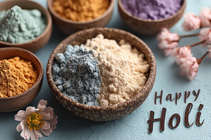 Colorful Holi powder in rustic bowls with spring flowers on blue, a Sports & Recreation Photo by José Manuel Gelpi
