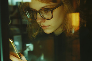 Woman Enjoying Coffee and Phone in Cozy Cafe, an Abstract Photo by Natalia Klenova's Shop
