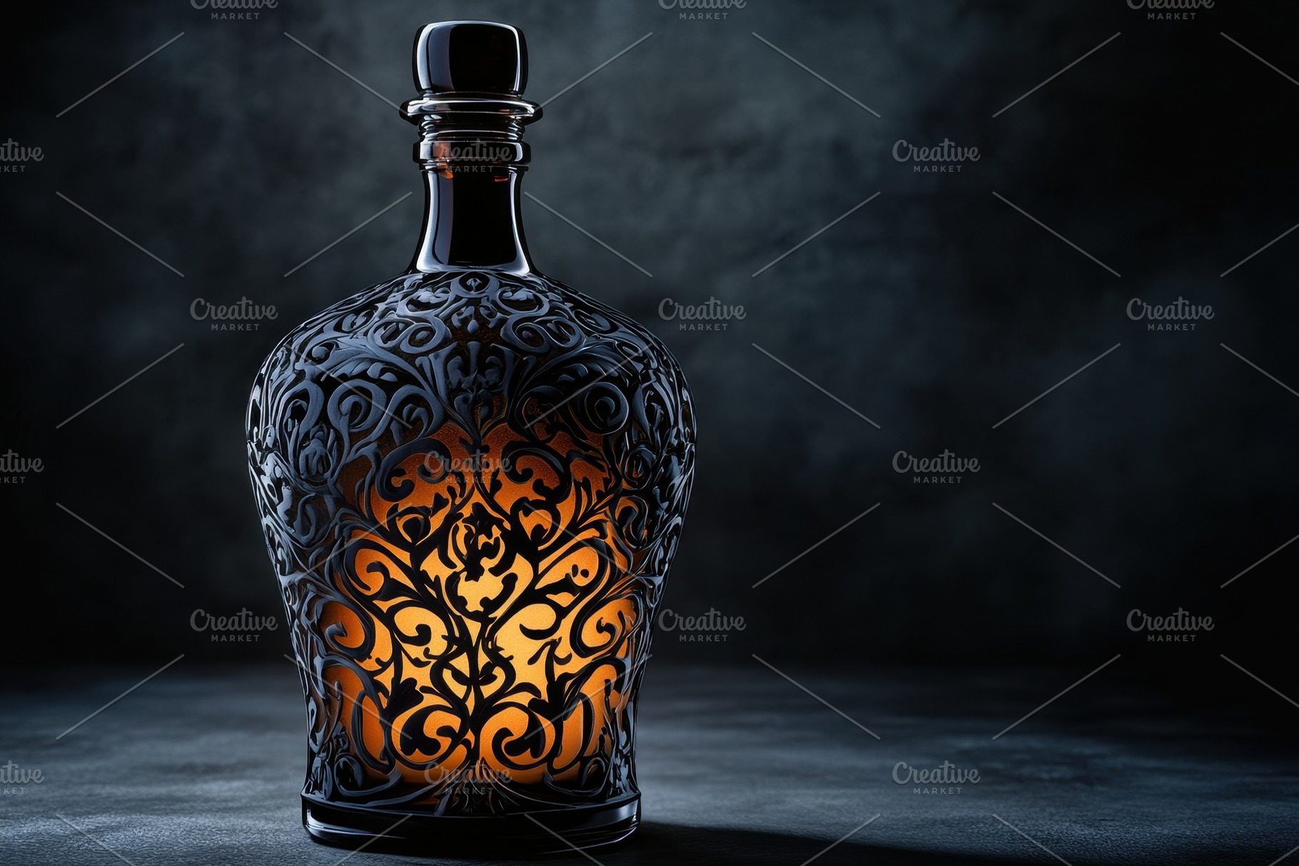 Elegant dark bottle with intricate d, a Photo by Iftikhar Alam