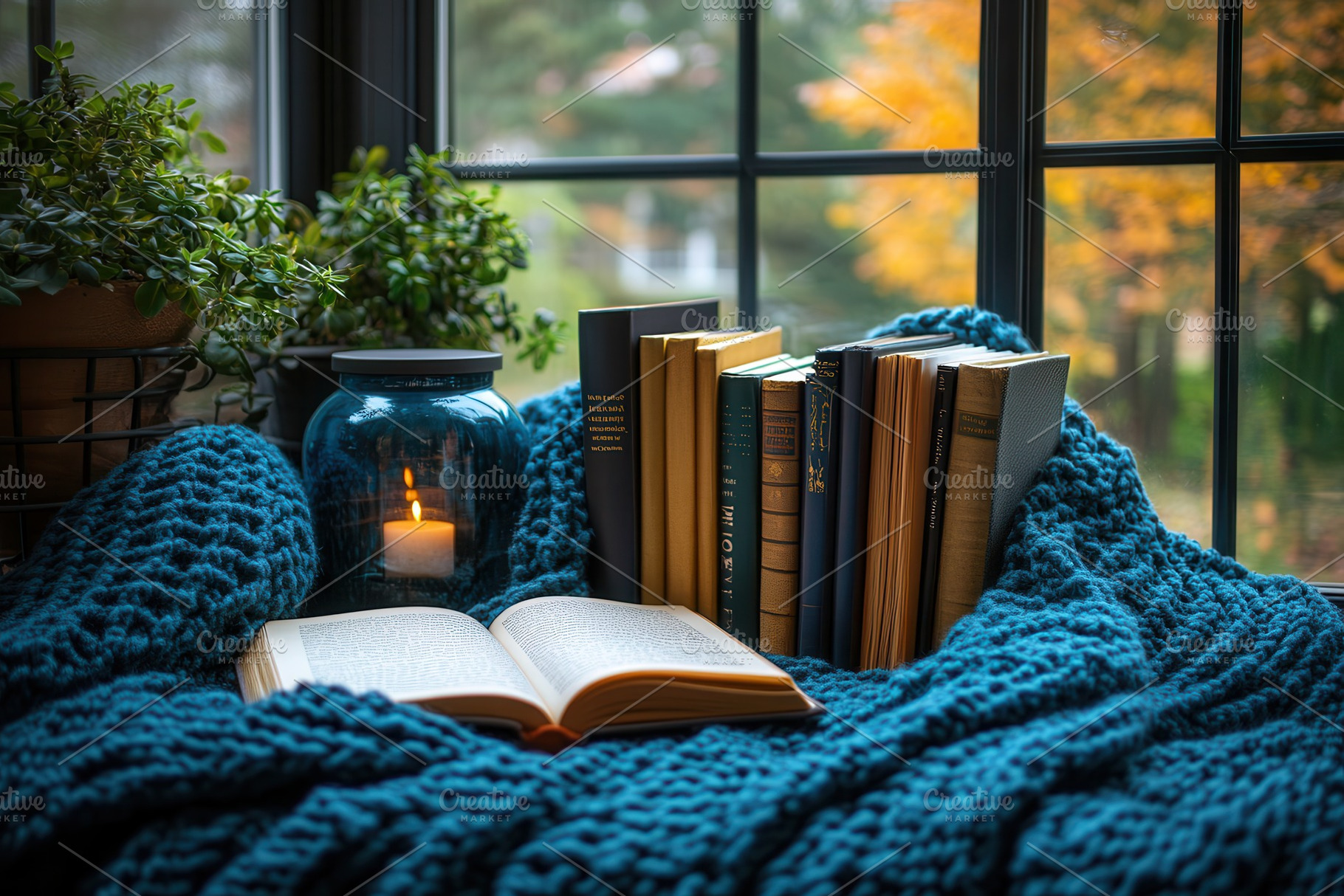 Cozy reading nook with books and can, a Photo by Tanuart