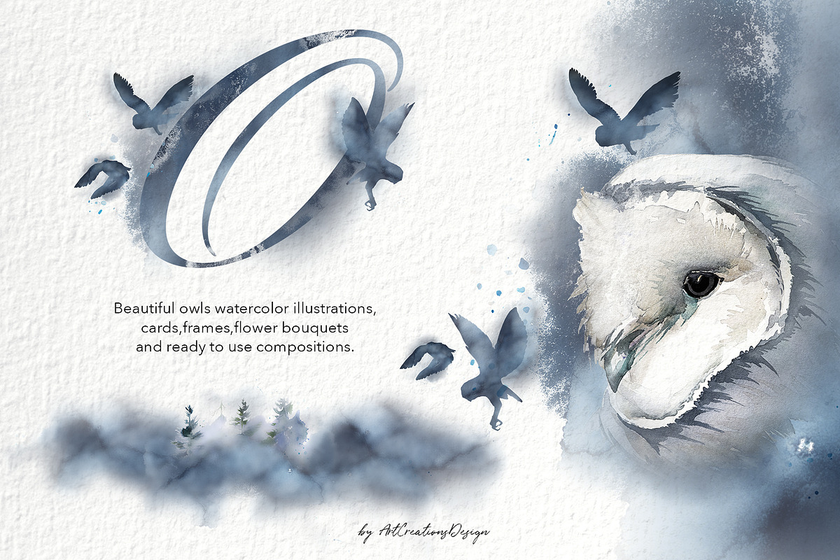 Watercolor Owl Beauty Clipart Set, an Animal Illustration by ArtCreationsDesign (Photo 1 of 11)