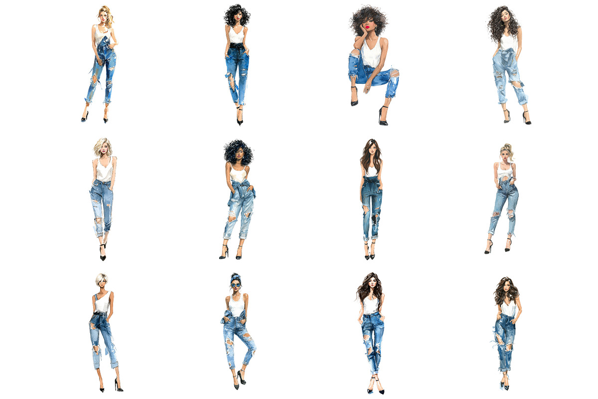 Watercolor Denim Girl Clipart, an Illustration by DreamArtGraphic (Photo 3 of 3)