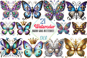 Watercolor Mardi Gras Butterfly, an Illustration by DreamCafeArt
