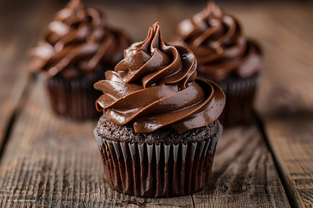 Chocolate cupcakes with whipped cream on wooden table, a Food & Drink Photo by AlyaAnd