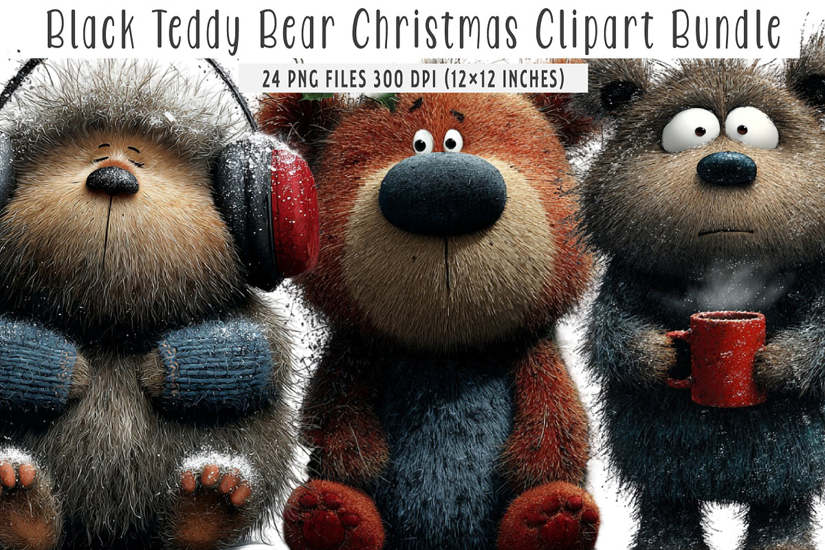 Black Teddy Bear Christmas Clipart, an Illustration by SinaCreation (Photo 1 of 7)