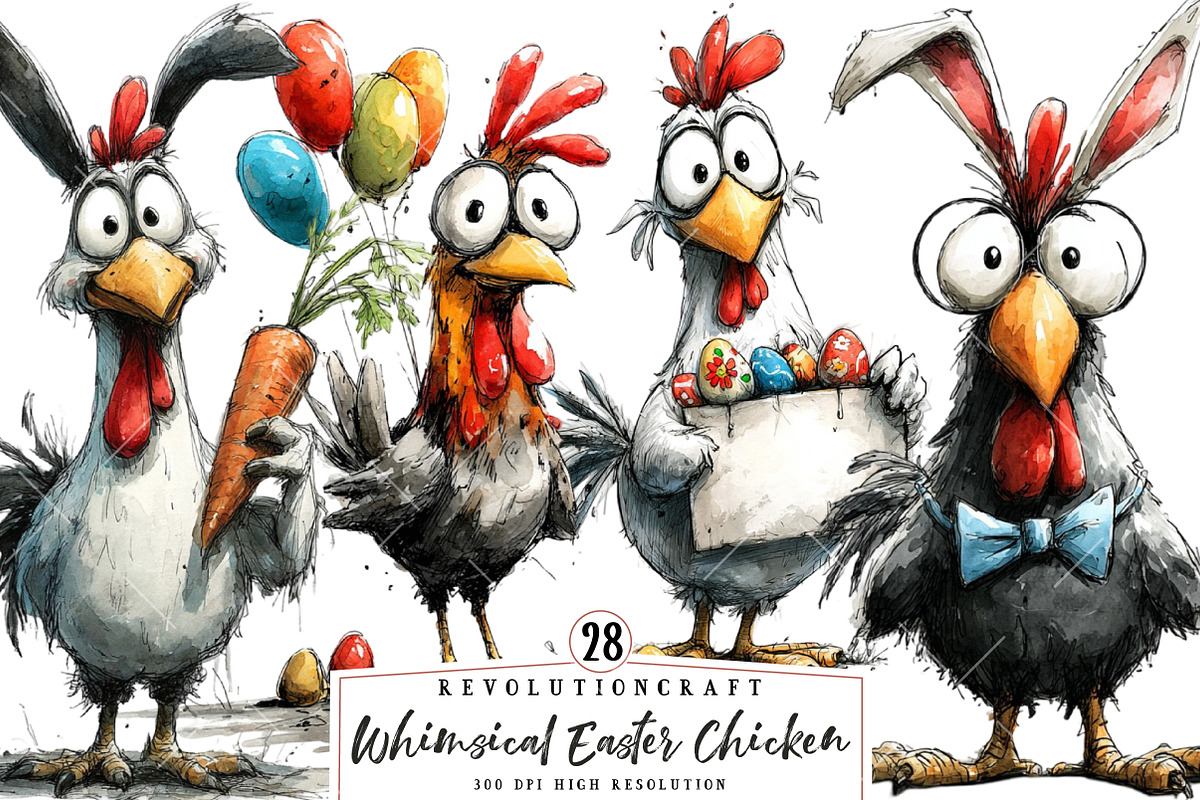 Whimsical Easter Chicken Clipart, an Illustration by OK Design (Photo 1 of 6)