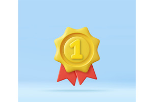 3D number one medal with red ribbons, an Object Illustration by ModVector