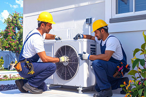 HVAC technicians integrating smart climate technology in a moder, an Industrial Photo by DanFLCreativo