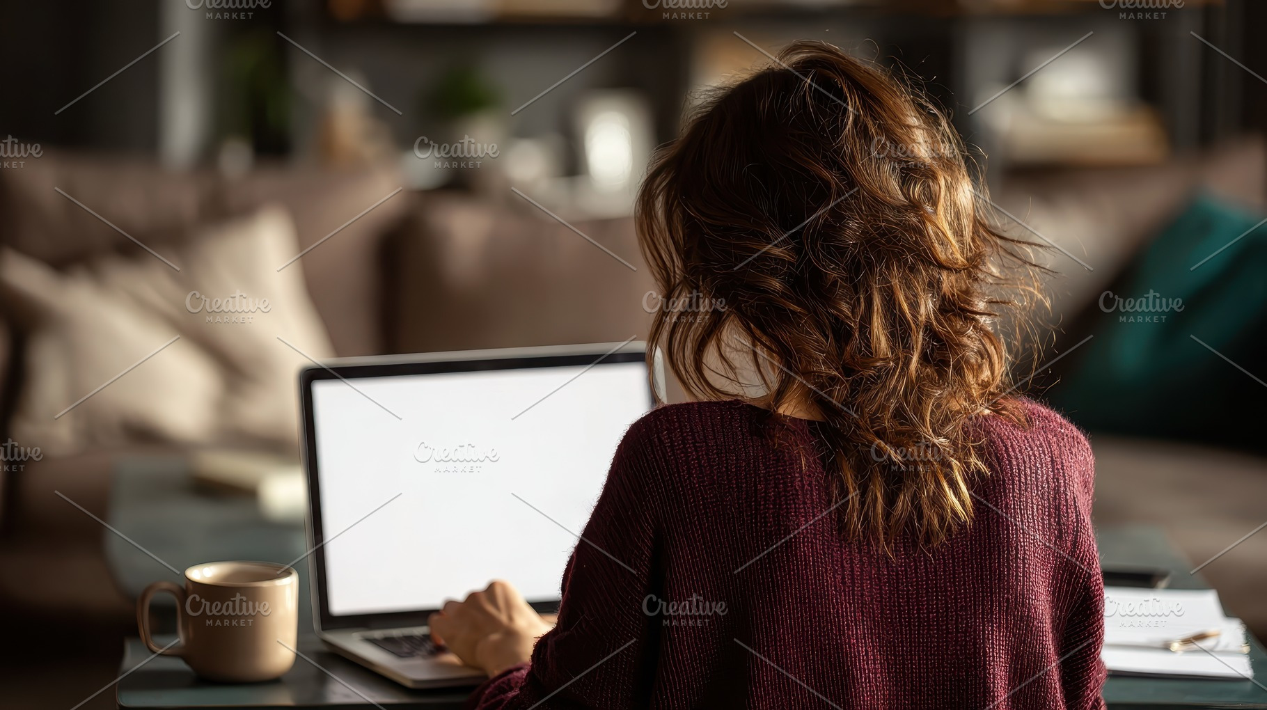 Woman working on laptop from home co, a Photo by Pixeness Studio