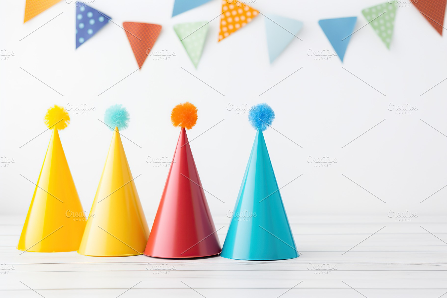 Colorful birthday caps and paper flags on white wooden background, a Holiday Photo by AlyaAnd