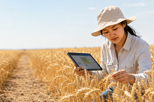 Asian woman examining wheat in sunny, a Photo by Dvoevnore photos