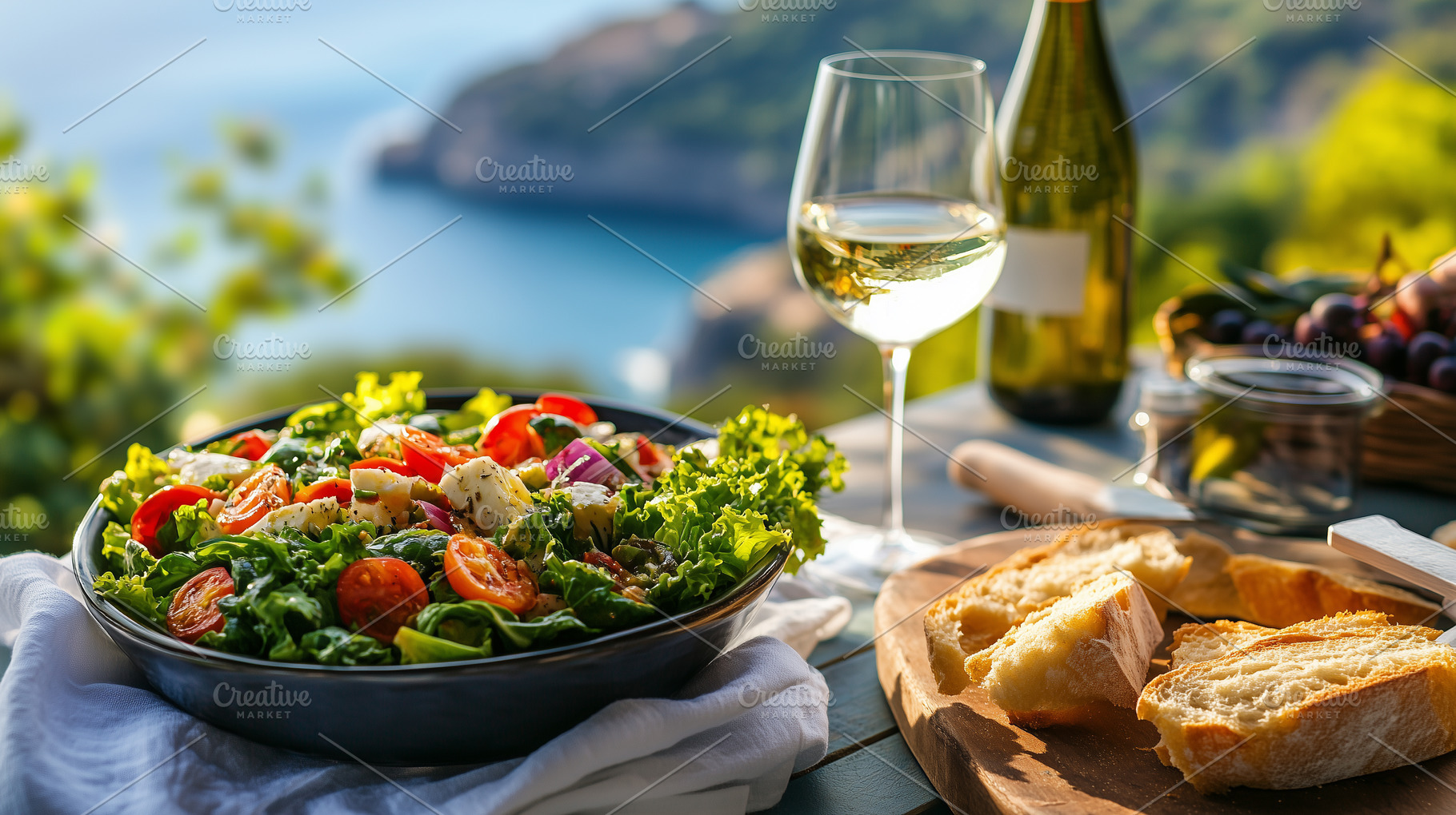Greek salad on an outdoor table with, a Food & Drink Photo by MistyDay