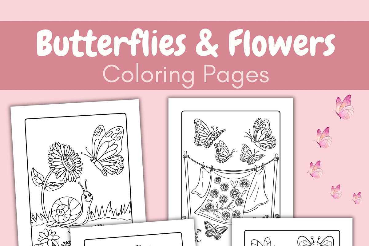 Butterflies & Flowers Coloring Pages, an Animal Illustration by SimoDigitalArt (Photo 3 of 5)
