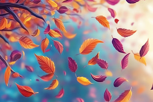 A vibrant autumn scene with colorful leaves falling from a tree. The background, a Photo by Textures & Backgrounds