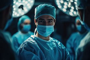 A focused neurosurgeon surgeon in scrubs and a surgical mask, surrounded by a t, a Person Photo by Textures & Backgrounds