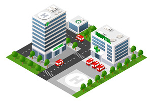 Isometric city hospital buildings