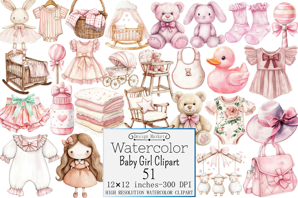 Watercolor Baby Girl Clipart, a Seasonal Illustration by Design Market (Photo 1 of 5)
