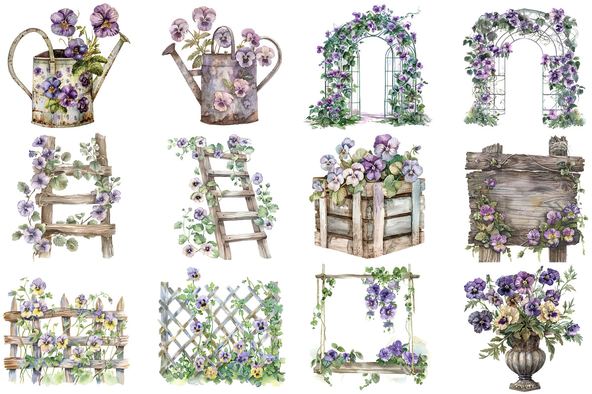 Pansy Garden Watercolor Clipart, an Illustration by DreamCafeArt (Photo 5 of 8)