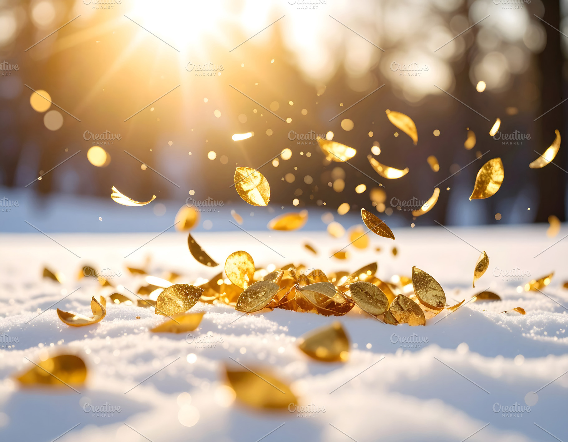 Golden confetti sparkling above snow in bright sunlight, a Holiday Photo by GoodGoods