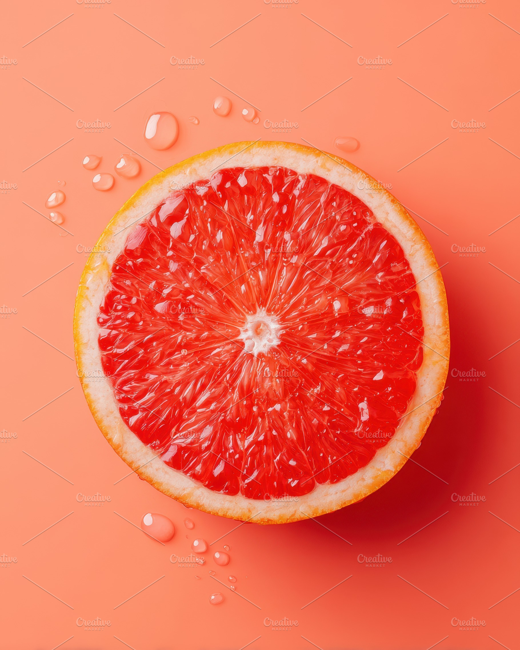 Fresh grapefruit half with water droplets, a Food & Drink Photo by AlyaAnd