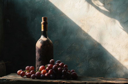 Vintage wine bottle and fresh grapes, a Photo by Tanuart