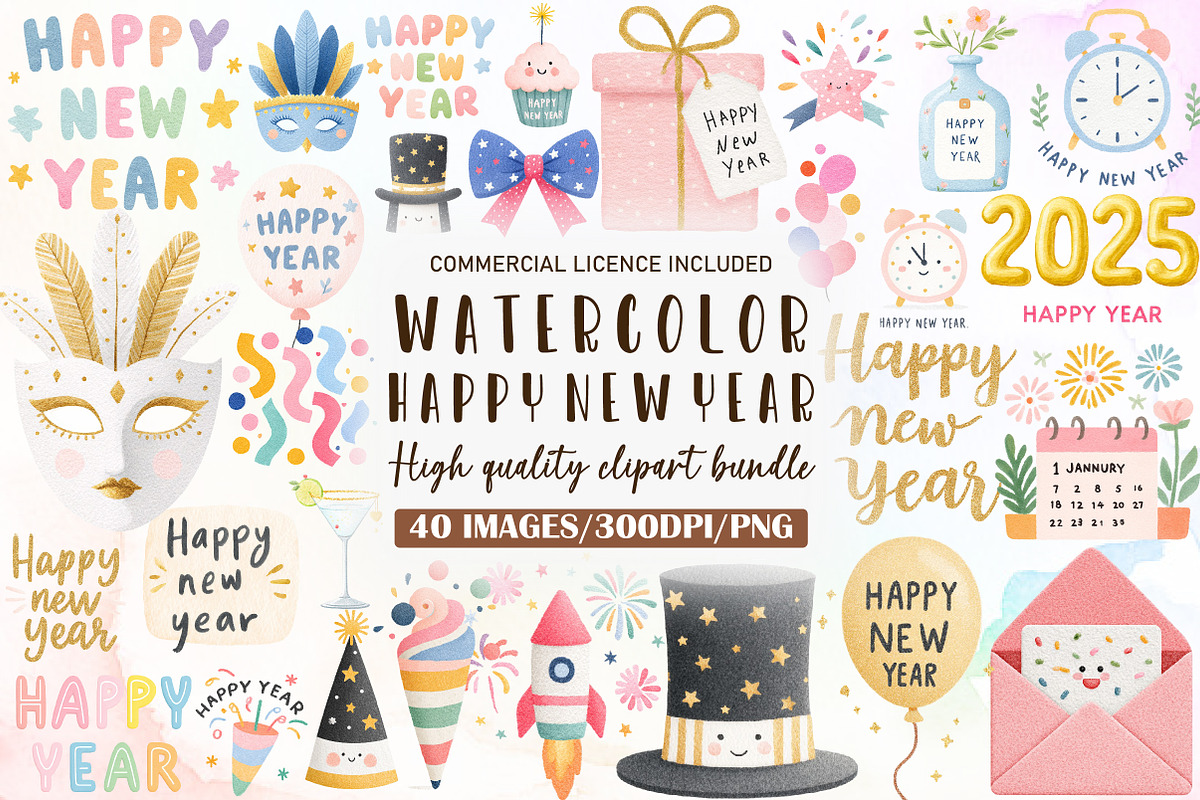 Watercolor Happy New Year Clipart, an Illustration by Sublimation Artist (Photo 1 of 6)