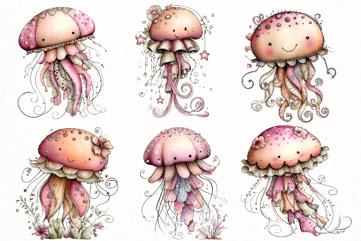 Whimsical summer jellyfish clipart, an Illustration by Designworld (Photo 3 of 8)