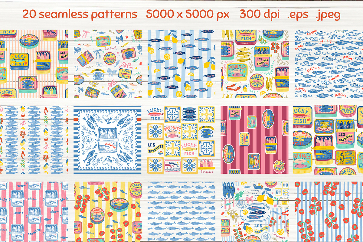 Mediterranean food Sardine patterns, a Pattern Graphic by Tani Kuzminka (Photo 3 of 25)