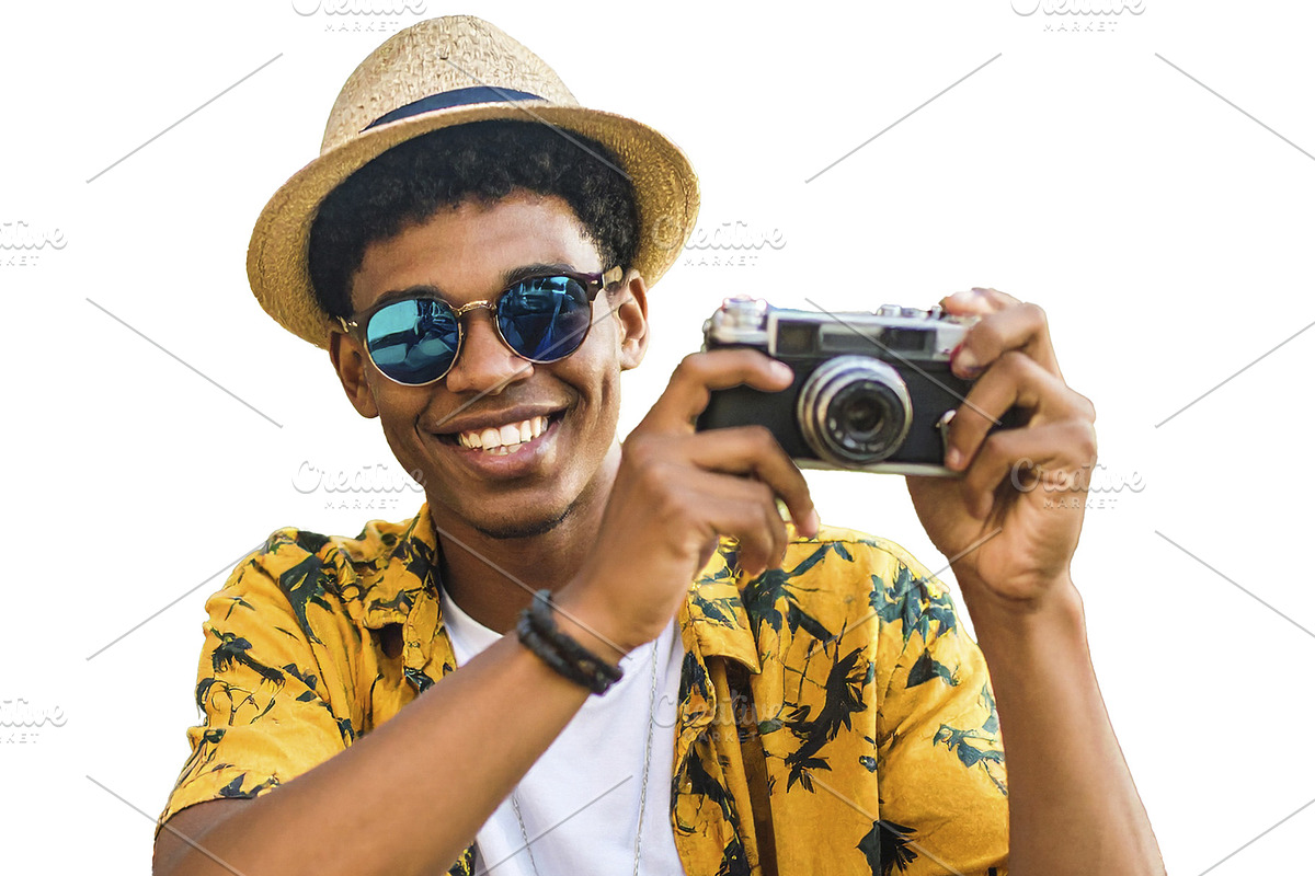 Happy black young man holding retro camera, an Education Illustration by DanFLCreativo