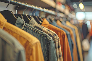 Row of casual shirts on a rack in a fashion store