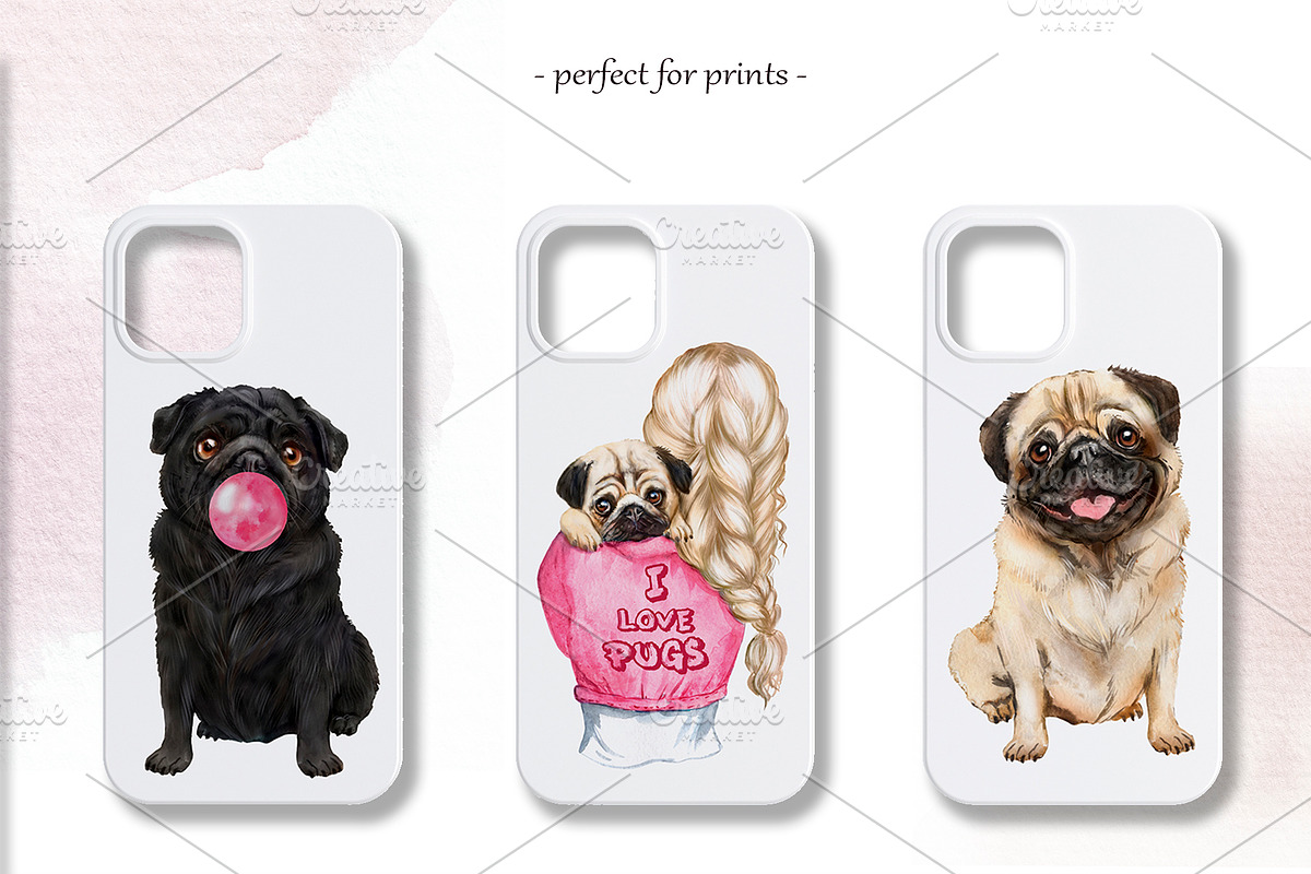 Pugs dogs watercolor clipart., an Animal Illustration by SavinV (Photo 5 of 7)