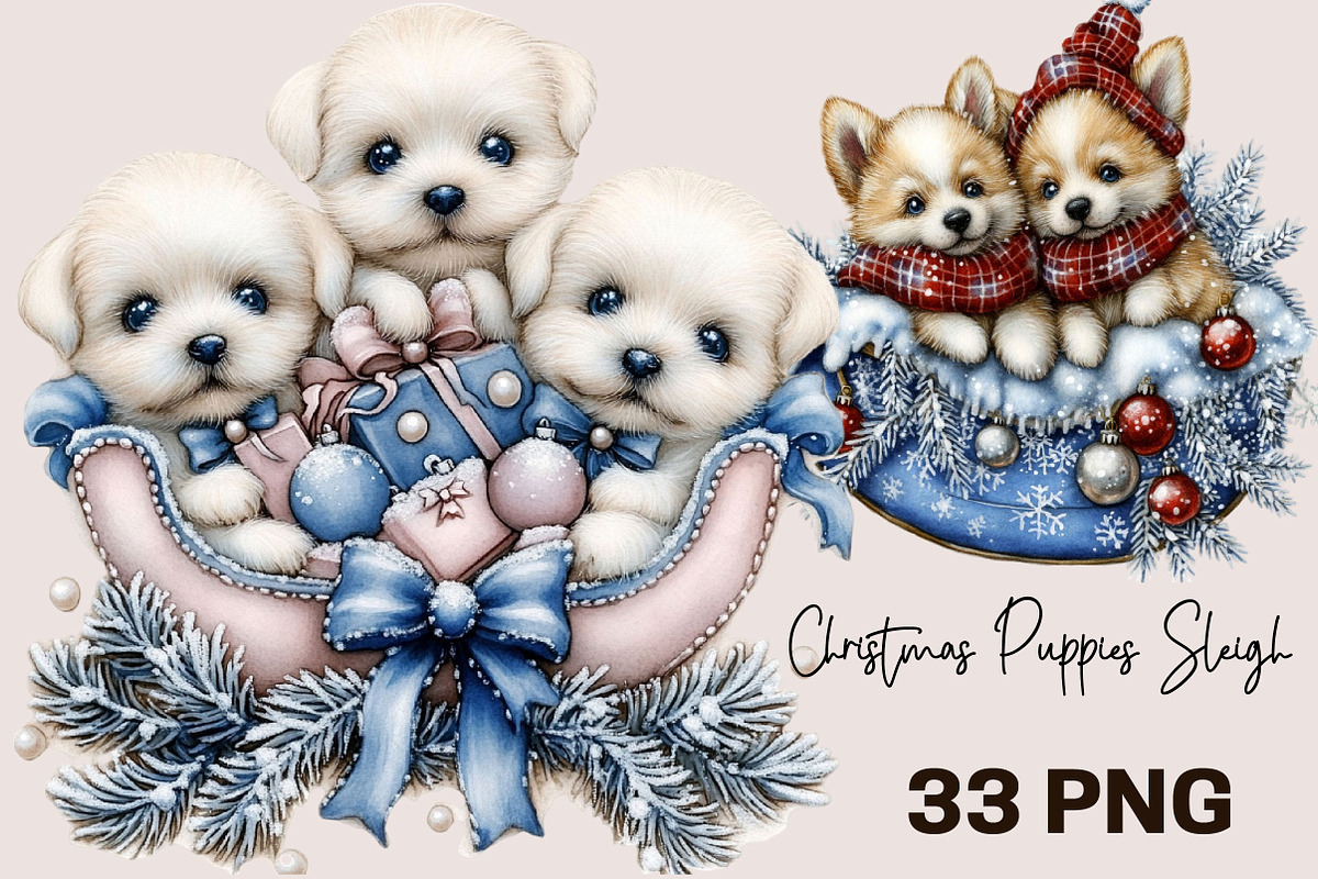 Whimsical Christmas Puppies Sleigh, a Seasonal Illustration by SVGArt (Photo 1 of 5)