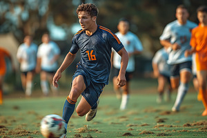 A teenage Caucasian male soccer player sprints across the field,, a Sports & Recreation Photo by ImageMir