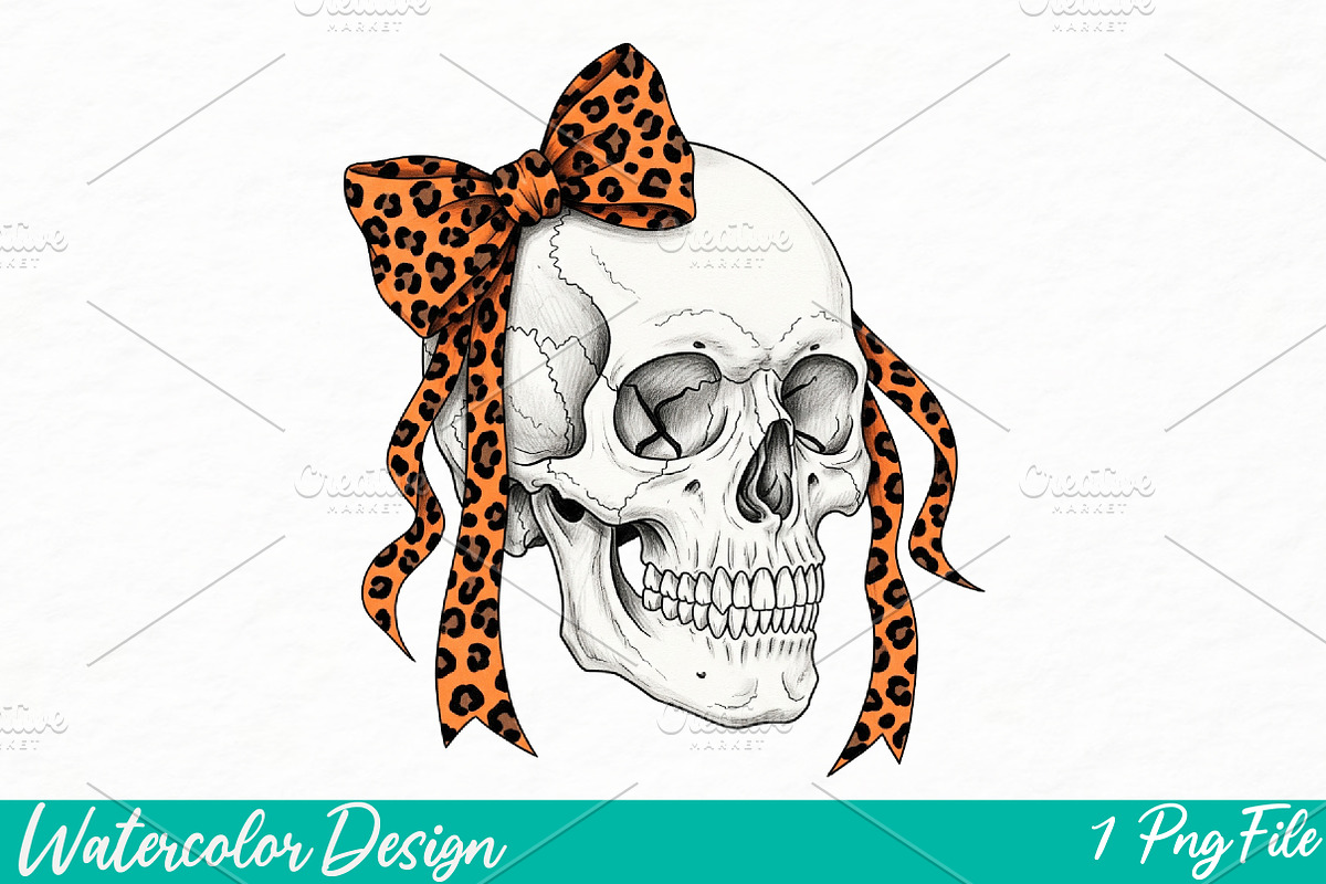 Skull Fall Bow png, an Illustration by Watercolor design