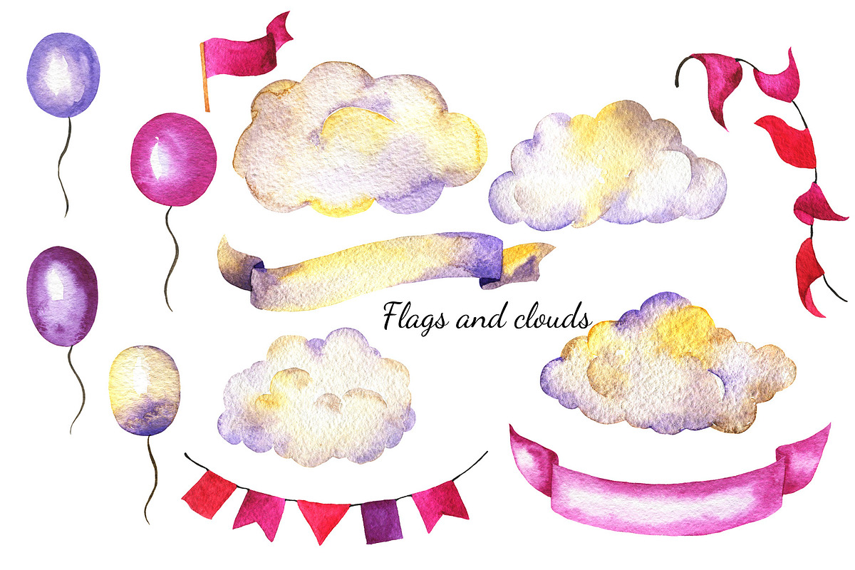 Balloons and clouds watercolor set, an Illustration by Watercolor & sketches (Photo 3 of 5)