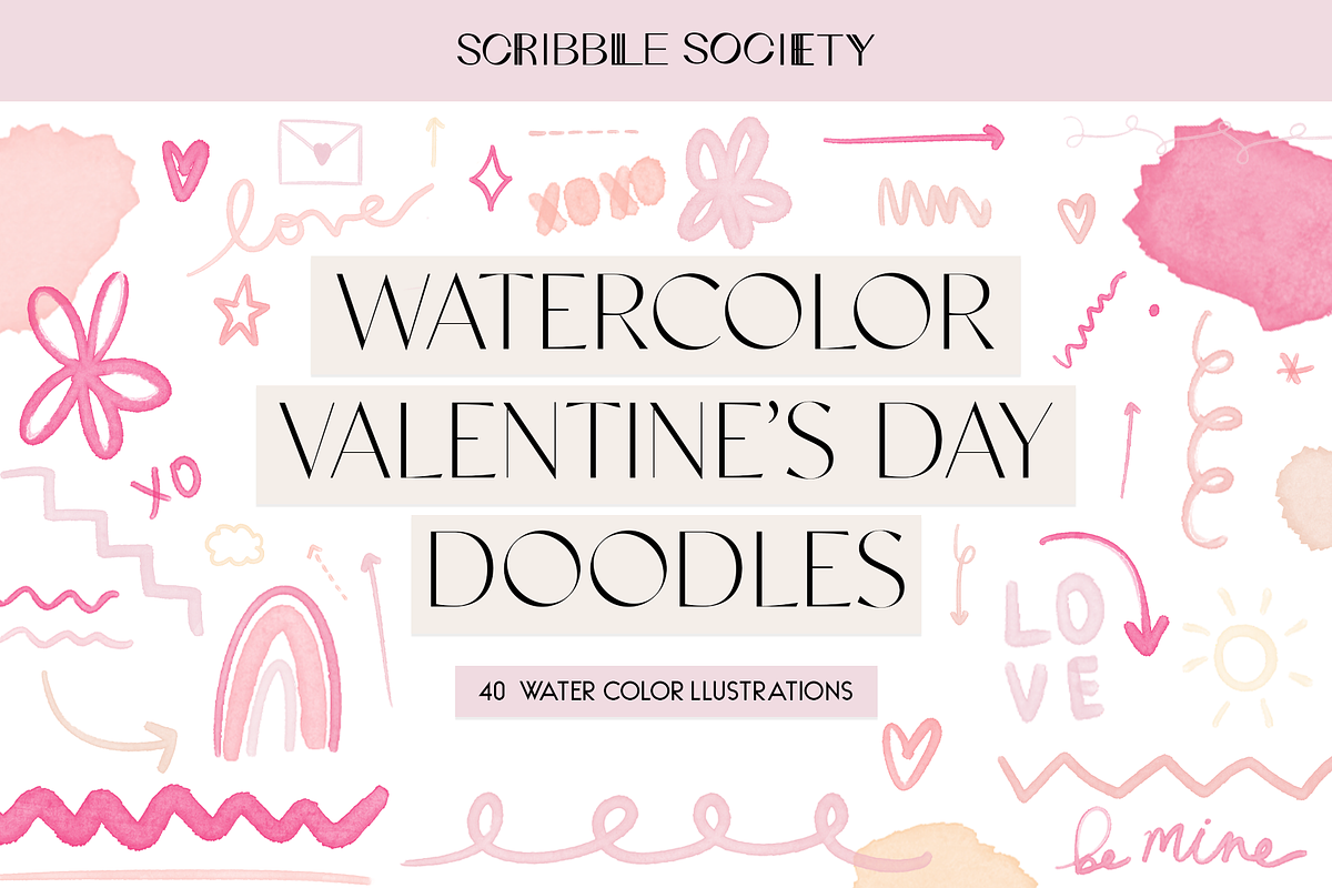 Valentine's Day Watercolor Doodles, a Decorative Illustration by Scribble Society (Photo 1 of 2)