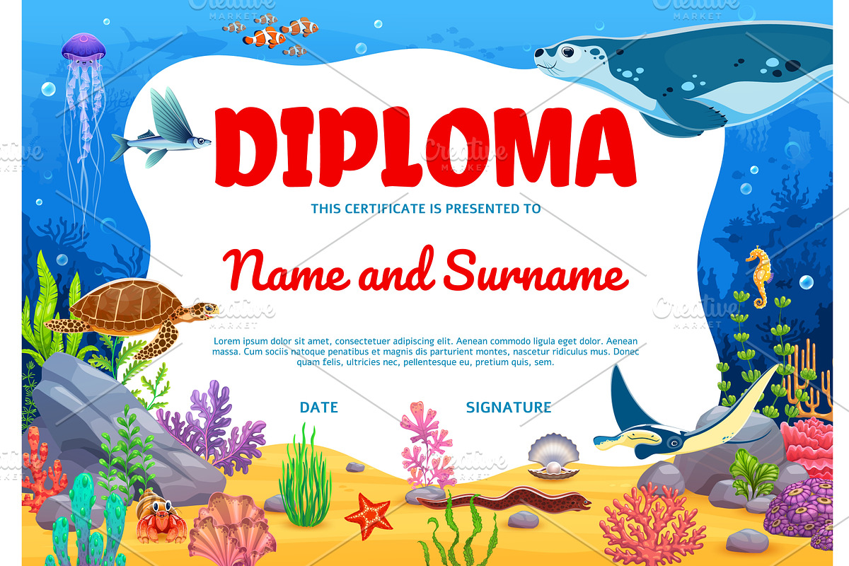 Kids diploma with sea animals, an Education Illustration by Vector Tradition