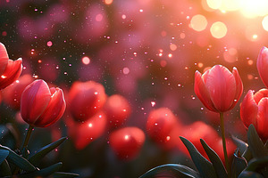 Red tulips glowing in golden sunset light with floating particle, a Nature Photo by José Manuel Gelpi