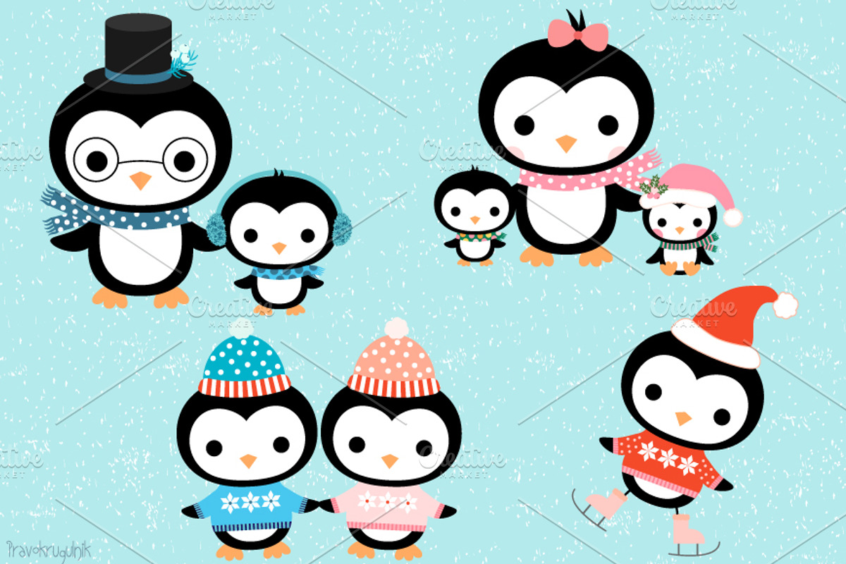 Kawaii penguin family clipart set, an Illustration by Pravokrugulnik (Photo 1 of 3)